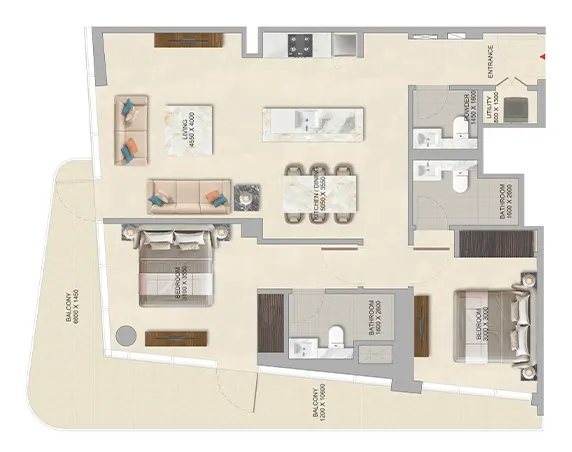 River Cove Residences at Sobha City 2 Bed Floor Plan